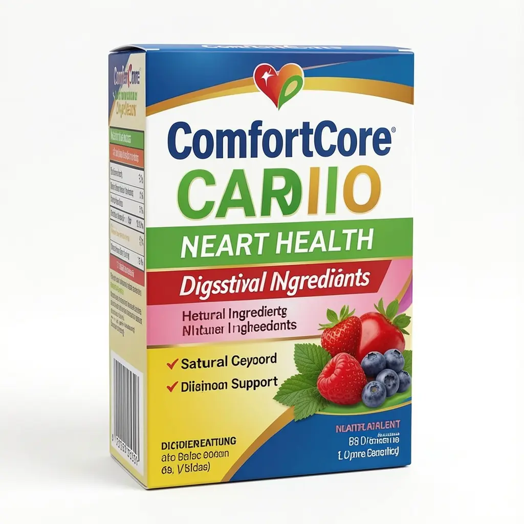 ComfortCore Cardio dietary supplement package with natural ingredients for heart health and digestion support